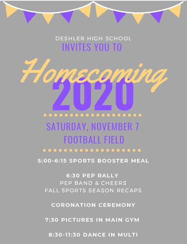 grey info about homecoming 2020 saturday nov 7th at  football field.  meal,  pep rally, coronation, pictures, then dance.  
