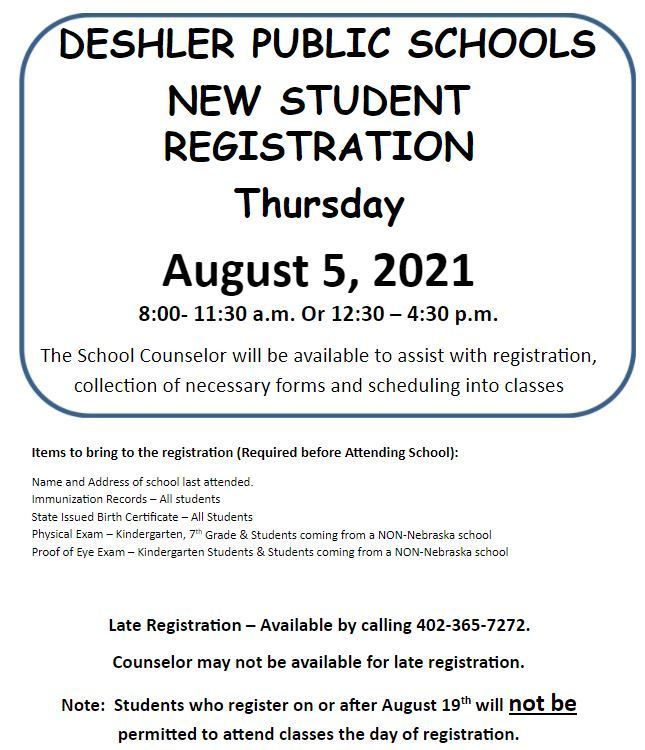 New student registration August 5th 8 to 4:30